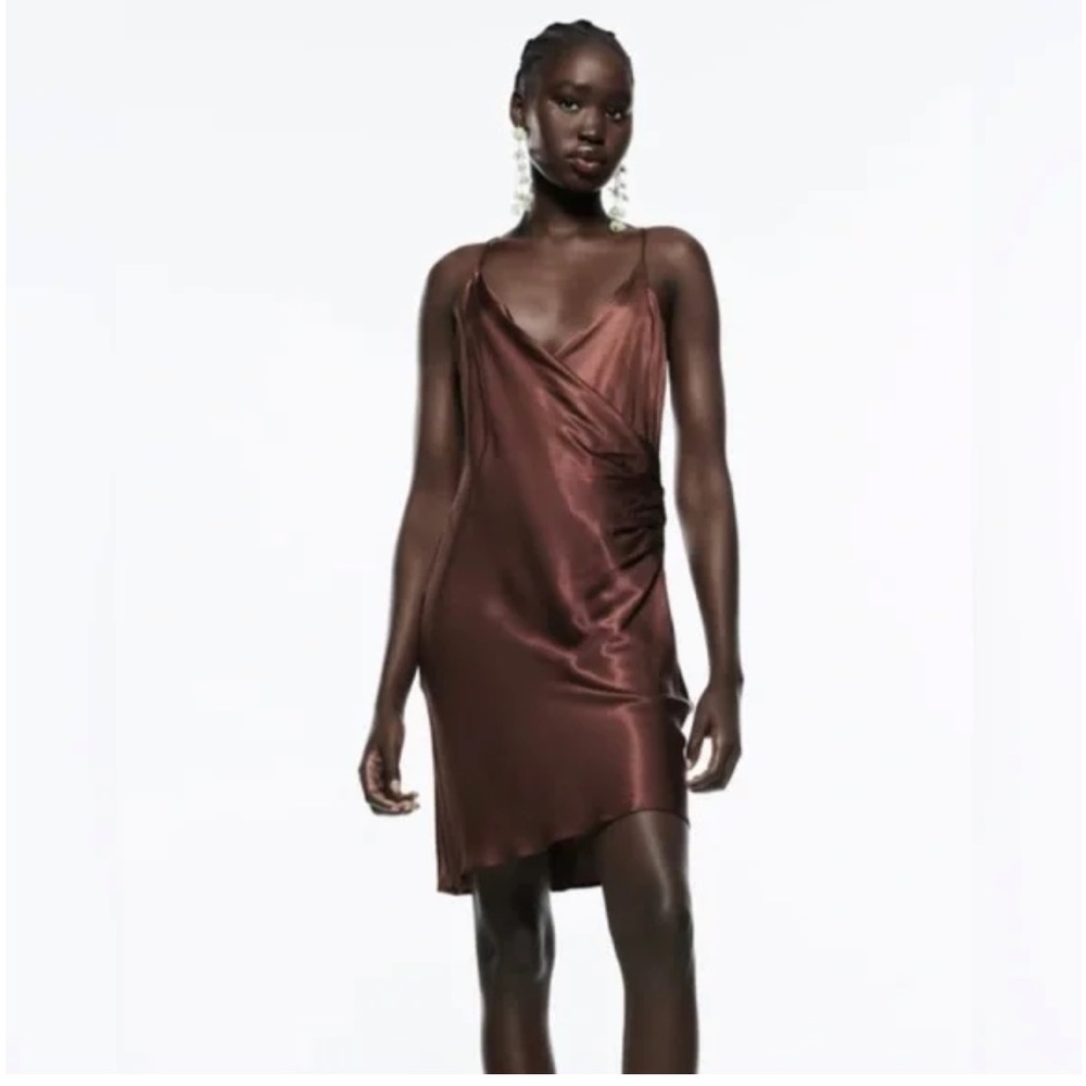 Zara Brown Satin Effect Mini Dress with Side Ruching. Size S.